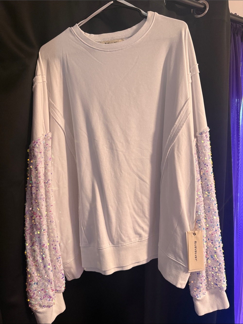 White Sweatshirt with Lavender Sequin Sleeves - Women's Top